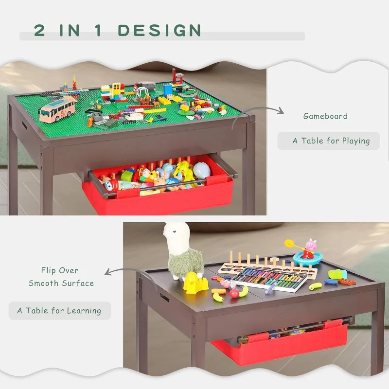 طاولة أنشطة للأطفال 2 في 1 مع أدراج تخزين، وطاولة لعب خشبية مع كتل قابلة للفصل والسبورة #5