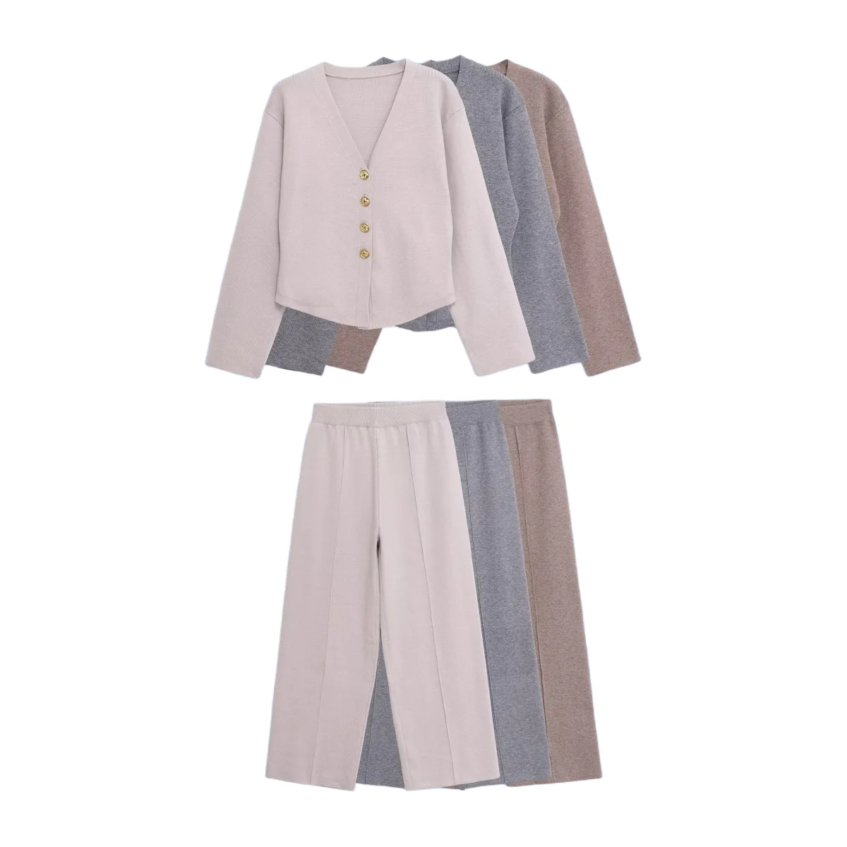 

2025 autumn new women's clothing V-neck long sleeved breasted slim and simple top jacket+elastic waist wide leg pants