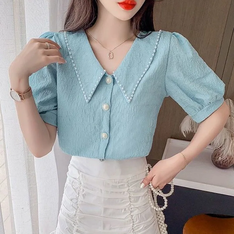 Sweet Peter Pan Collar Puff Sleeve Button Oversized Блузка с бисером Летние повседневные топы Элегантная женская одежда Commute Shirt