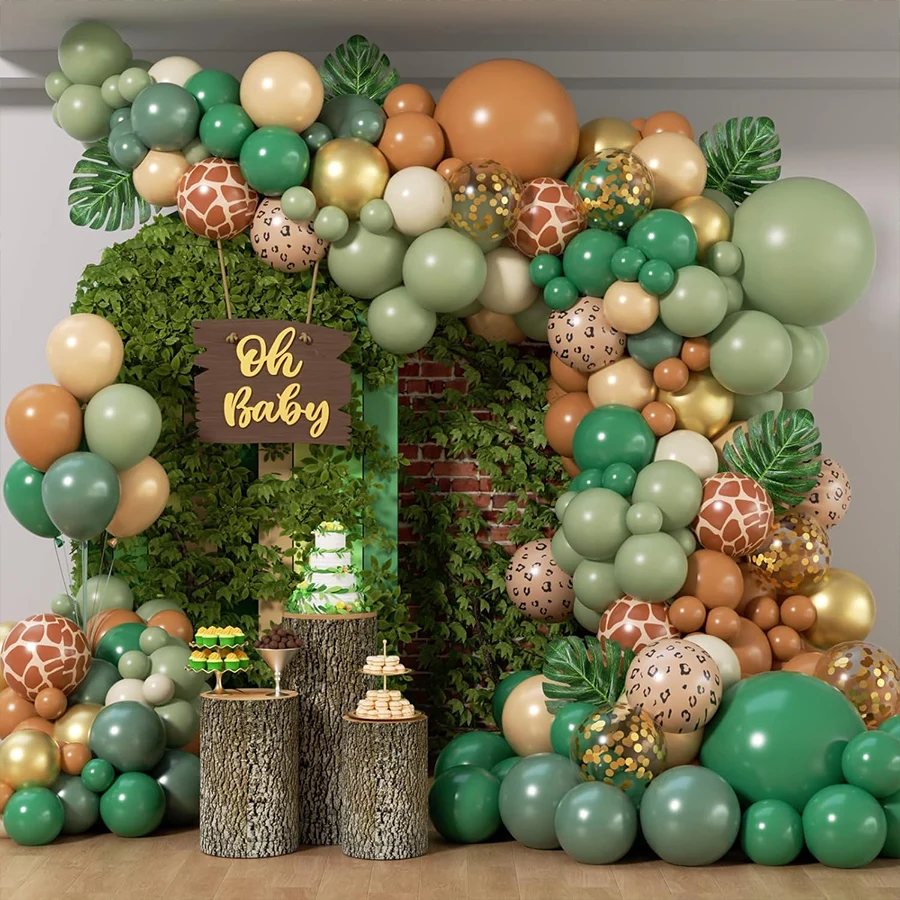 Kit de Arco de Balões para Safari na Selva com Balões de Látex Verde Sálvia e Marrom com Folhas para Decoração de Aniversário e Chá de Bebê