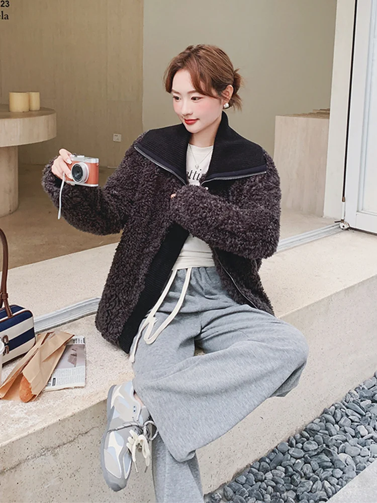 Ladies' Knitted ort Lamb Fur Jaet Collar up Winter Casual Sle Thiened Long Sve Zipper Closure Coat Fem Lamb Velvet