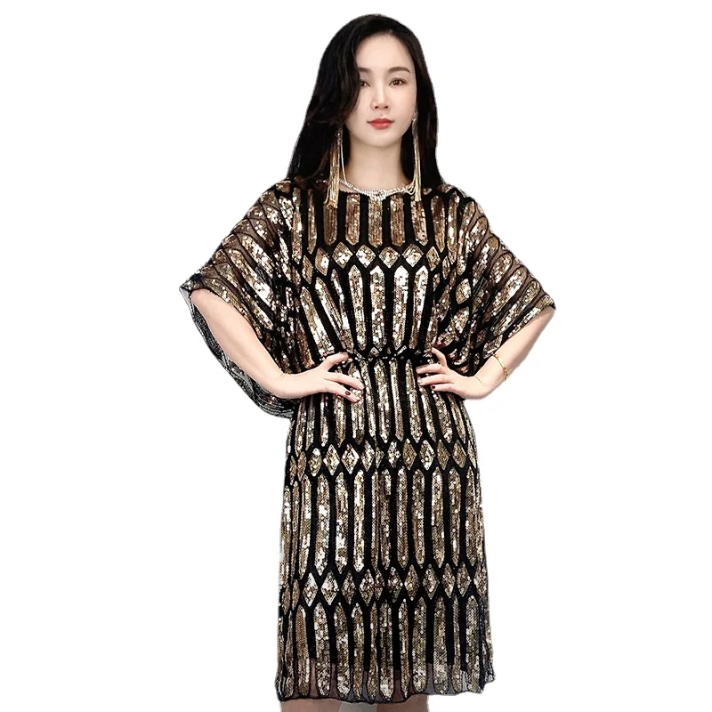 

Bling Bling Sequined Dresses Women Embroidery Sequins Dress Women Bat Sleeve Medium Length Dress dis5