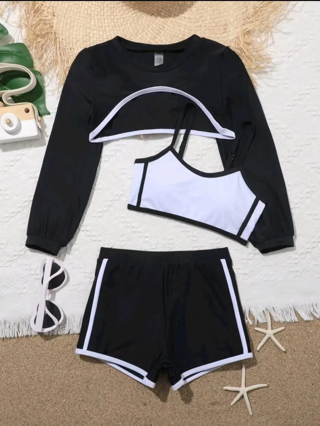 Girls 3pack Black White Sports Bikini Sets with Shorts Long Sleeve Kids Swimsuit 7-12 Years Children's Swimwear Bathing Suit