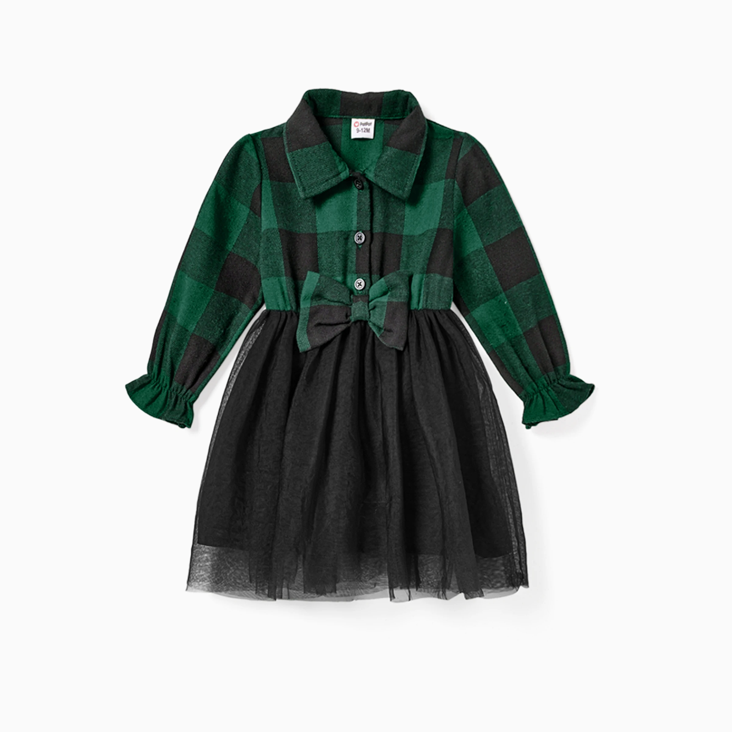 PatPat Family Matching Outfits Green Plaid Long Sleeves Shirt Tulle Mesh Dress