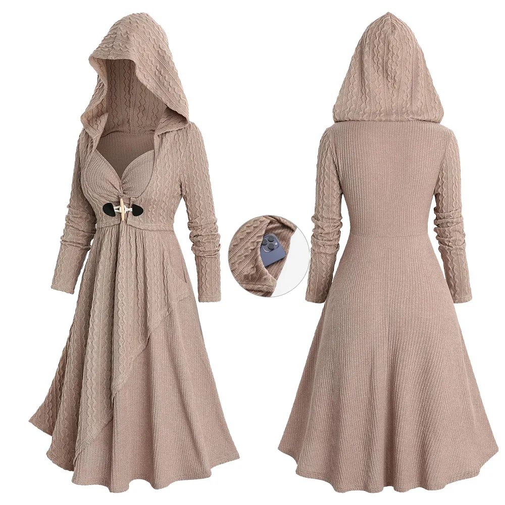 ROSEGAL-Robe pull décontractée pour femme, grande taille, torsadée, avec poches froncées texturées, boutons en corne, à capuche, collection automne-hiver