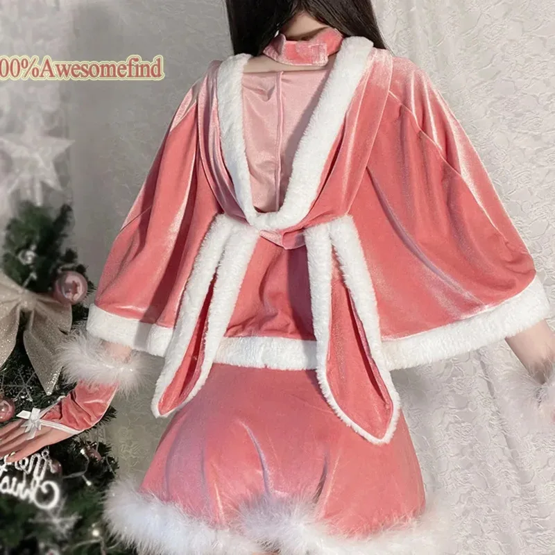 여성 크리스마스 산타클로스 코스프레 의상 섹시한 란제리 이국적인 겨울 핑크 드레스 메이드 유니폼 버니 걸 의상