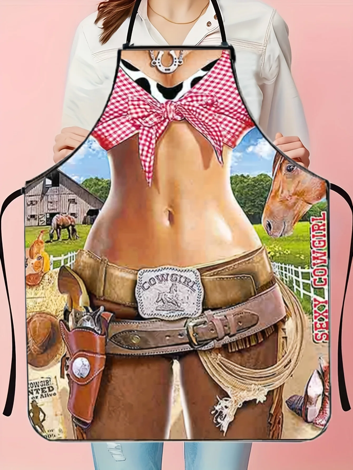 Unisex Cowboy Apron – Black Denim Style with Western Graphics, Adjustable Fit, Hand Wash Only, Ideal for BBQ & Themed Parties