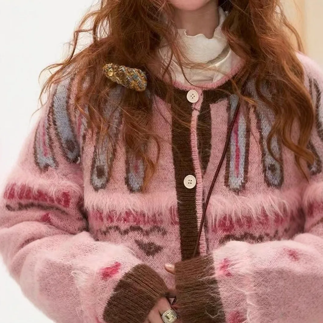 المرأة سترة مشغولة من الصوف البلوزات تقسم لاعبا اللون منعت س الرقبة طويلة الأكمام واحدة الصدر فضفاضة عادية الخريف الشتاء 2025 #3