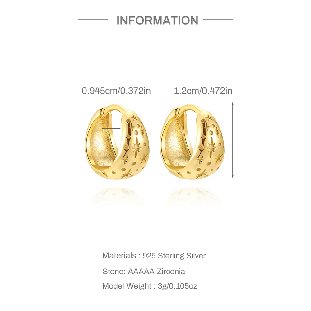 CANNER 925 Sterling Silver Wide Sided Zircon Octagonal Star Four Pointed Star Geometric Hoop Earrings For Women Ins FineJewelry