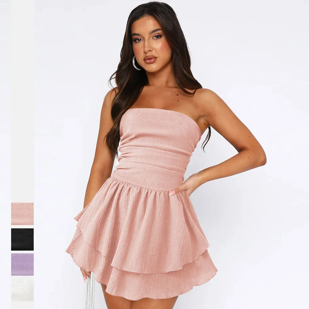 

Women's Summer Dress Casual Slim Ruffles Mini Dress Strapless Sexy Women's Bra Dress Waist Fold Slim Fit Evening Dresses