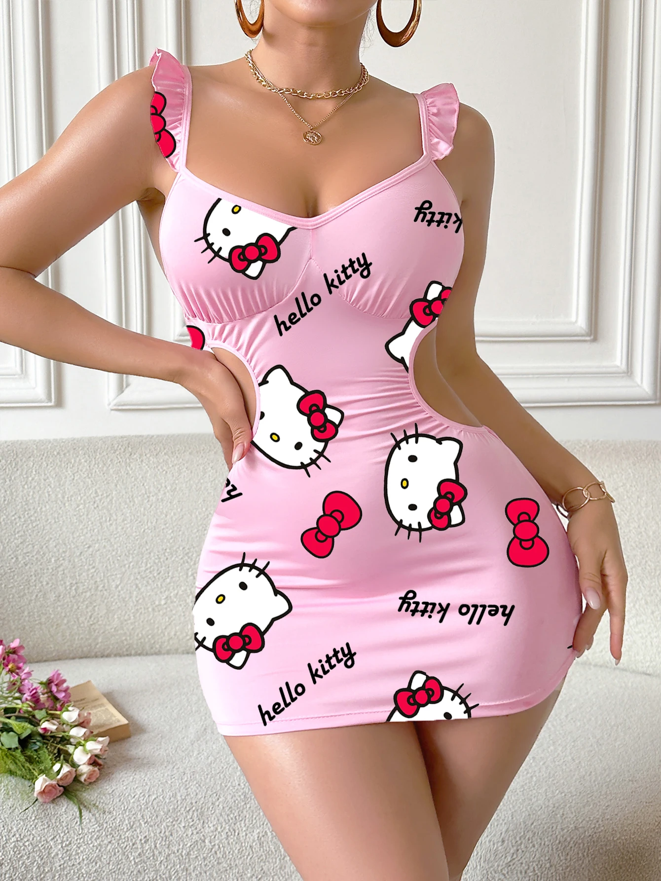 Sanrio Hello Kitty Damen-Kleid mit Spaghettiträgern, rosa, gerüschte Schulter, Ausschnitt an der Taille, figurbetontes Minikleid, sexy Kleid für Damen