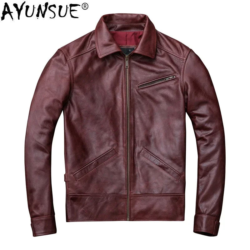 

AYUNSUE Genuine Leather Jacket Men Spring Cow Leather Coat Oil Wax Cowhide Bomber Motorcycle Jacket Veste Cuir Homme KJ1912