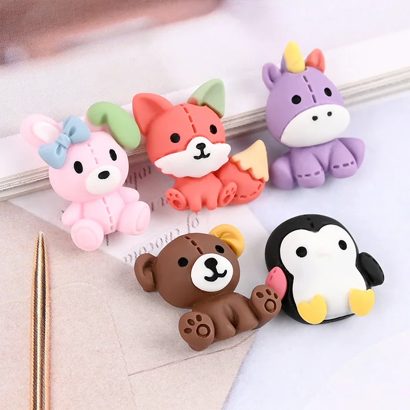 Cute Resin Colorful Small Animal, Kawaii Bear, Fox, Rabbit, Penguin, Flat Back Ornament Accessories, DIY Decorations, 10Pcs