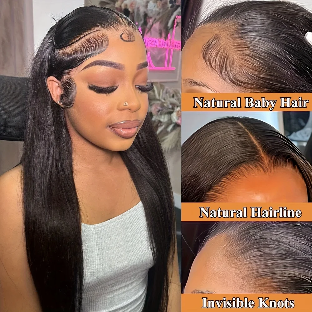 Luxuoso longo em linha reta 100% cabelo humano virgem brasileiro 360 peruca frontal do laço completo pré arrancado natural peruca de cabelo humano