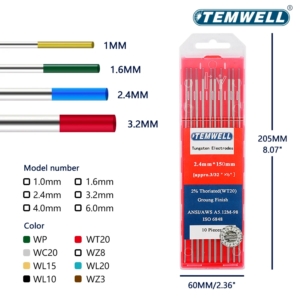 전문 텅스텐 전극 용접 전극, 150mm WT20 WC20 WL20 WL15 WZ8 WP WY20 WR20 티그 로드, 1.0mm, 1.6mm, 2.0mm, 2.4mm, 3.0mm, 3.2mm