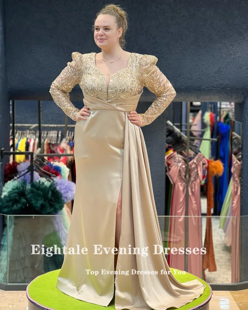 Eightale Plus Size Evening Dresses Sparkly Long Sleeves Satin Mermaid Arabic Prom Party Gowns Vestidos Para Eventos Especiales