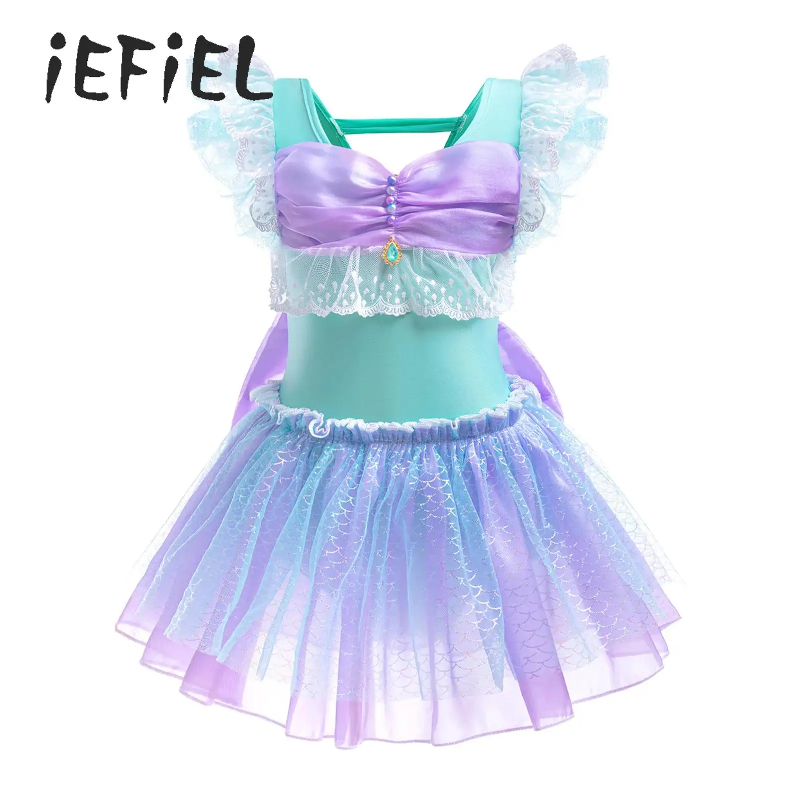 

Mesh Skirt Girls Mermaid Swimsuit Cute Flutter Sleeve Leotard Tutu Swim Dress One Piece Swimwear Halloween Fancy Bathing Suit