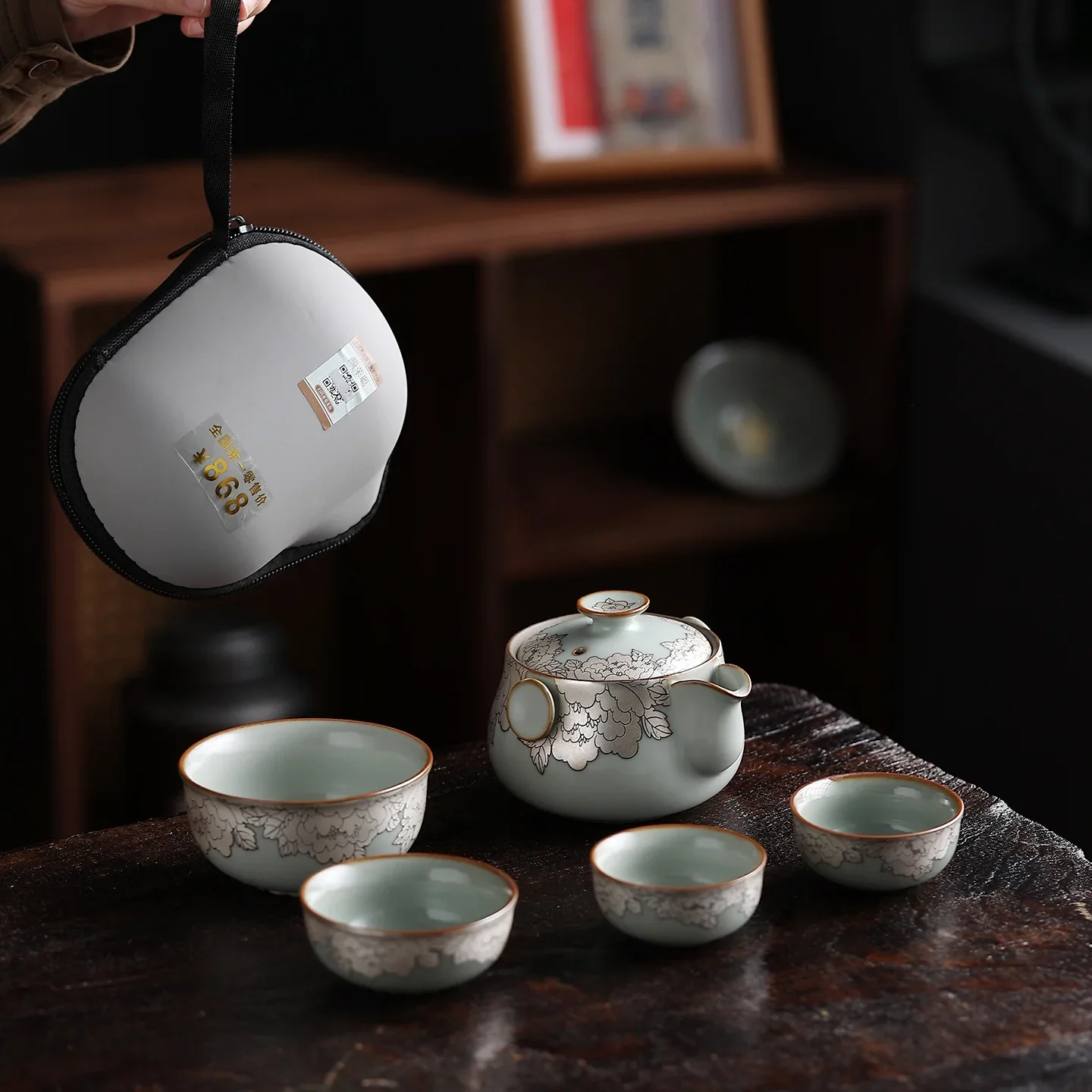 Silver Peony Ru Kiln Tea Set Portable Ceramic Hand Pot One Pot Four Cups Office Colorful Luxury Tea Maker Gift CupTravel Teaset