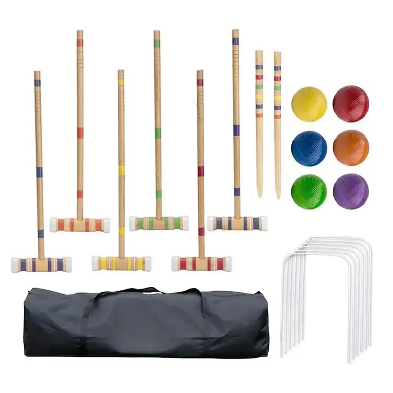 Jogo de croquet engraçado jogos de bola com bolas e saco de transporte portátil conjunto esportivo de madeira reutilizável kit de boliche de madeira para gramado