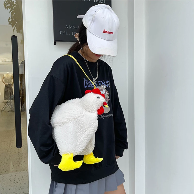 1Pcs Fun Cute Hen Shape Plush Bag Shoulder Bags Chickens Shape Bag Zipper Crossbody Purse For Women Soft Fleece Fashion Handbags