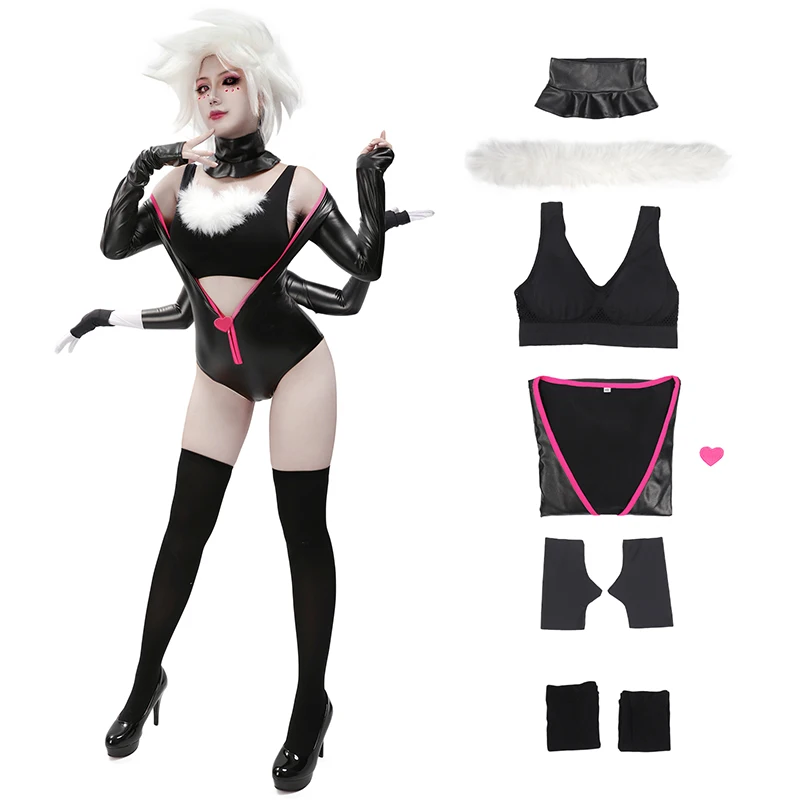 

DAZCOS Dust Angel Cosplay Bodysuit Black jumpsuit Full Set Outfits with socks for Women Halloween Women Tops Short Pantyhose