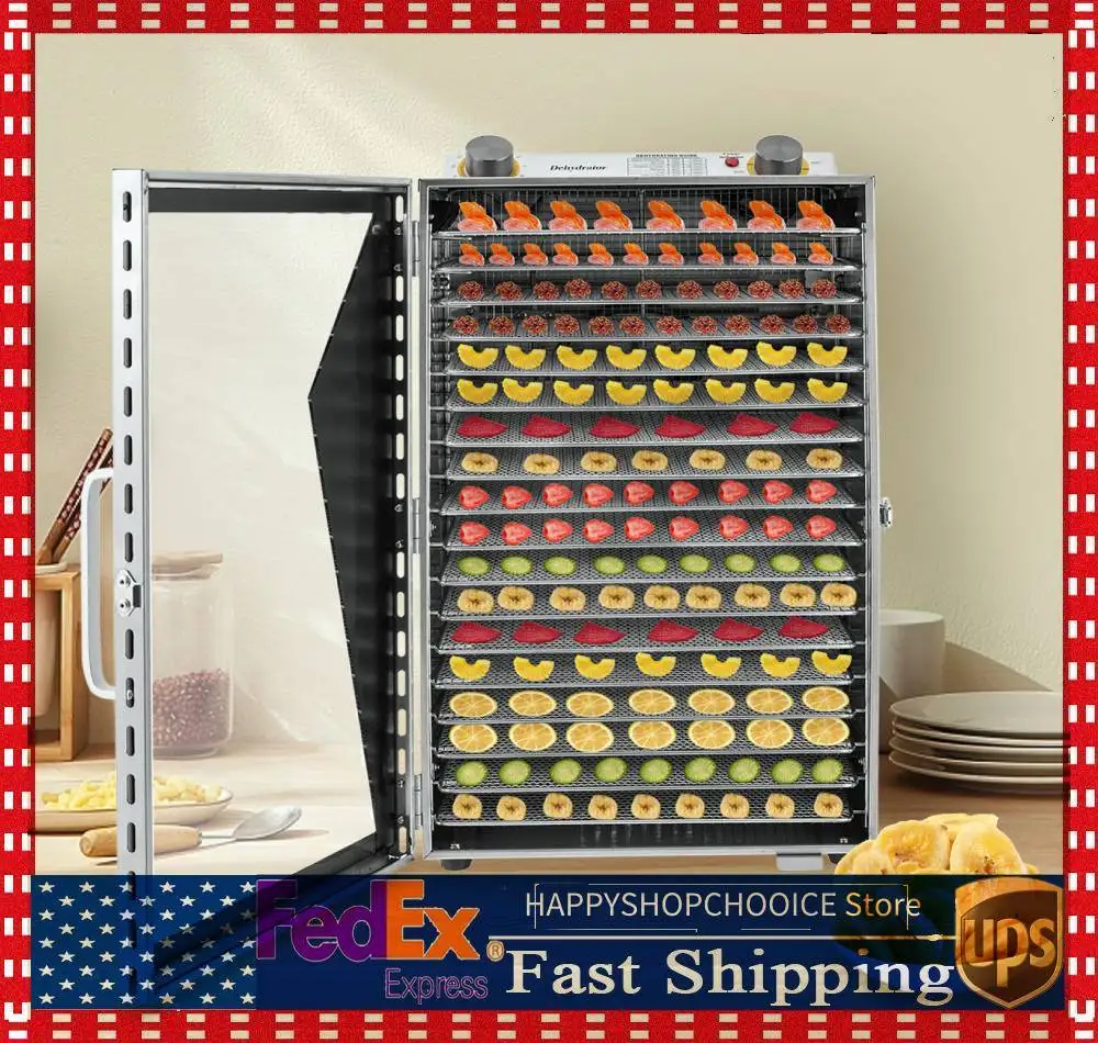 

Food Dehydrator with 18 Stainless Steel Trays Suitable for Fruit, Meat and Other Items Features Adjustable Timer and Temperature
