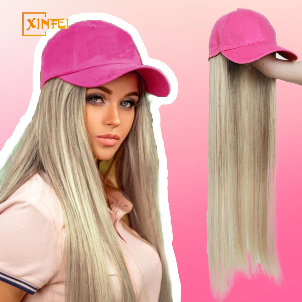 XINFEI Long Straight Pink Synthetic Baseball Cap Hair Wig for Girl Hair Wig Naturally Connect Hat Wigs Adjustable