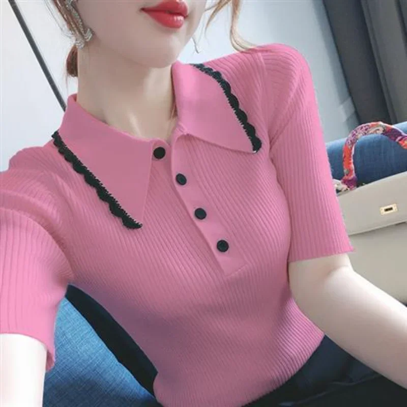 T-shirt Woman Pink Short Sleeve Tee Tops Polo Neck Shirts For Women Knit Clothing White Luxury Offer Trend Popular New Synthetic