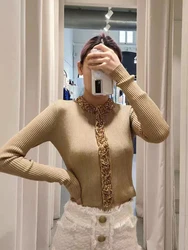 Sequins beaded round neck long-sleeved short knitted cardigan fashion versatile elastic Slim women's sweater 2024 Autumn New