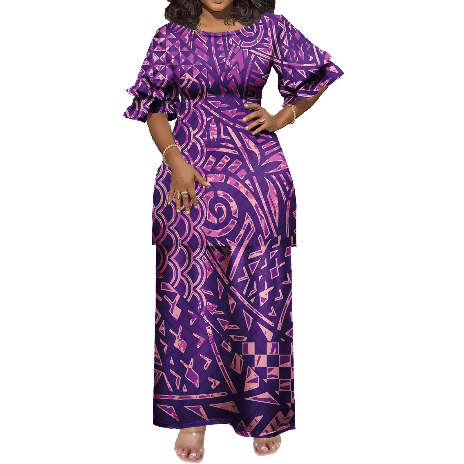 Best Seller Yellow Hibiscus Polynesian Puletasi Tribal Print Plus Size One Shoulder 2 Piece Sets Customized for Lady Daily Use