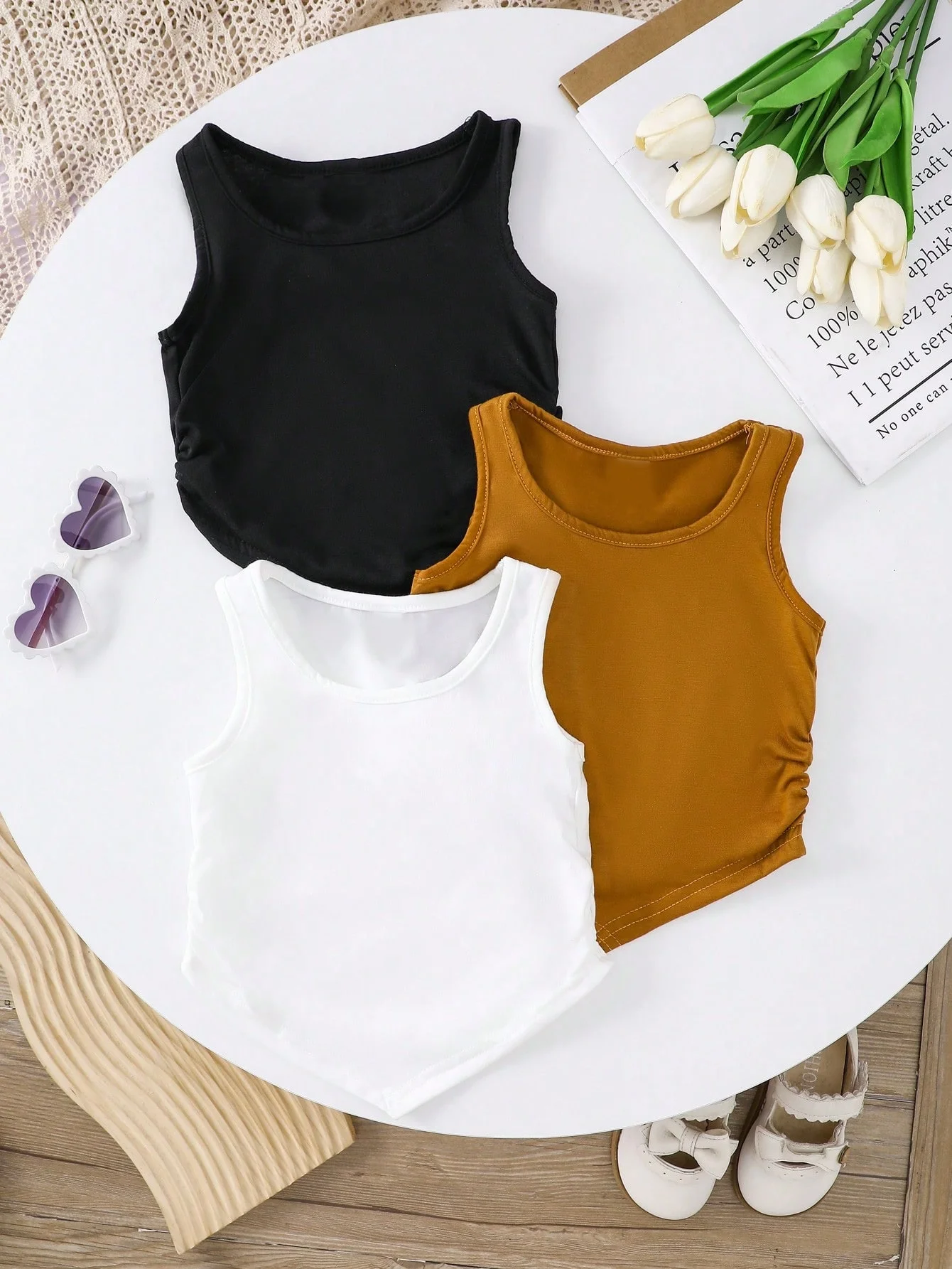

Girls' Tank Ribbed Top 2024 Summer New Fashion Slim Fit Solid Colour Round Neck Sleeveless Pleated Bodysuit Girls' Inner Style