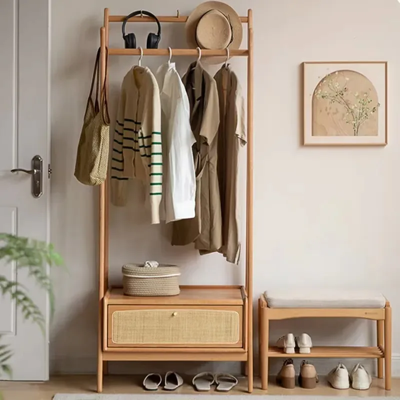 Bedroom Coat Rack with Rattan Storage Multi-functional Home Furniture for Hotel Use