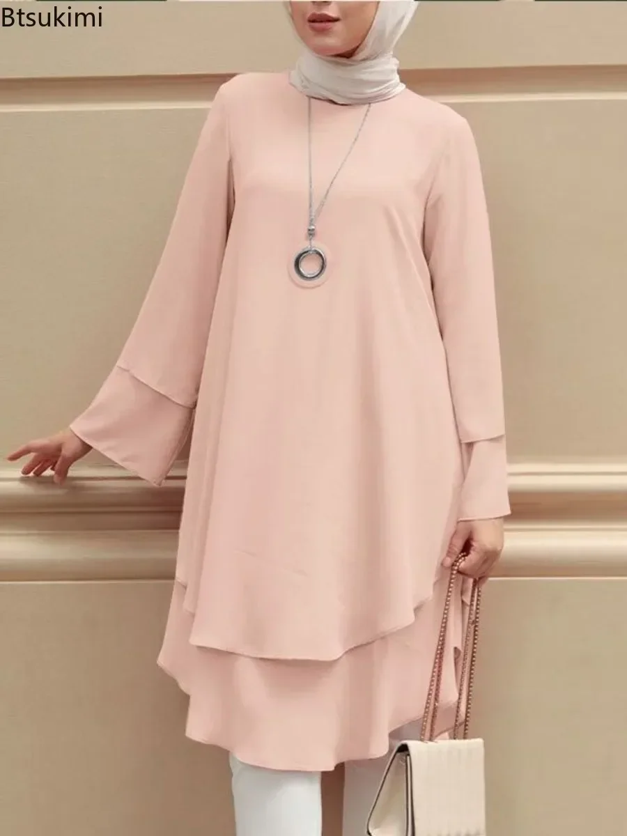 Neue Frauen Muslimischen Bluse Mode Zwei-schicht Design Elegante Weibliche Urlaub Partei Solide Hemd Tops Türkei Lange Robe Abaya hijab 2025