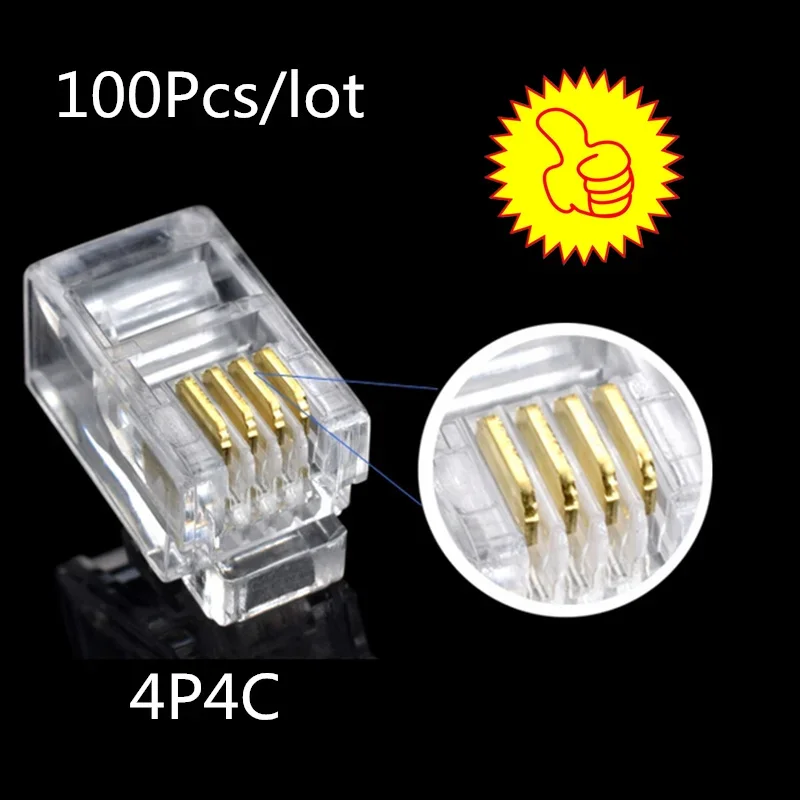 

100Pcs/lot Wholesale RJ11 4P4C Gold Plated New Crystal Head Modular Plug Network Connector