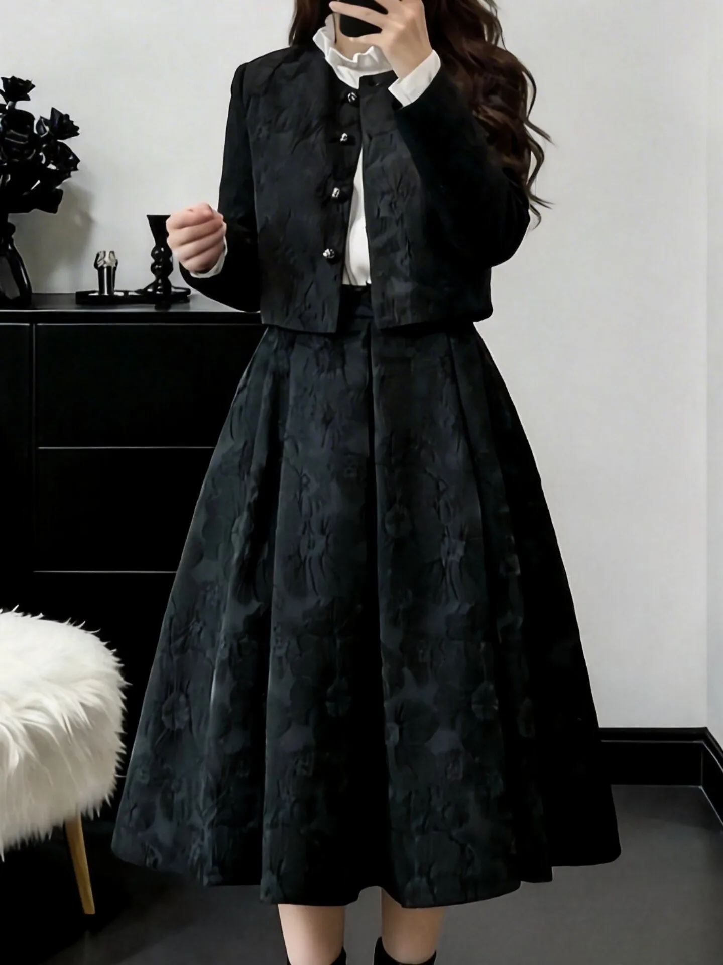 2026 New Spring Autumn Elegant Black Jacquard A-line Skirt All-match High Waist Women Mid-length Knee-length Lady Puff Skirts
