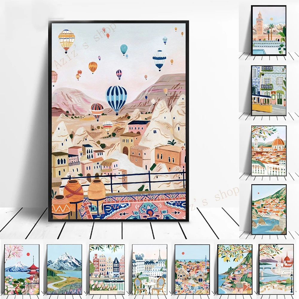 City Travel Poster Florence Santorini Switzerland Seville Nordic Wall Art Canvas Painting Wall Picture Living Room Home Decor