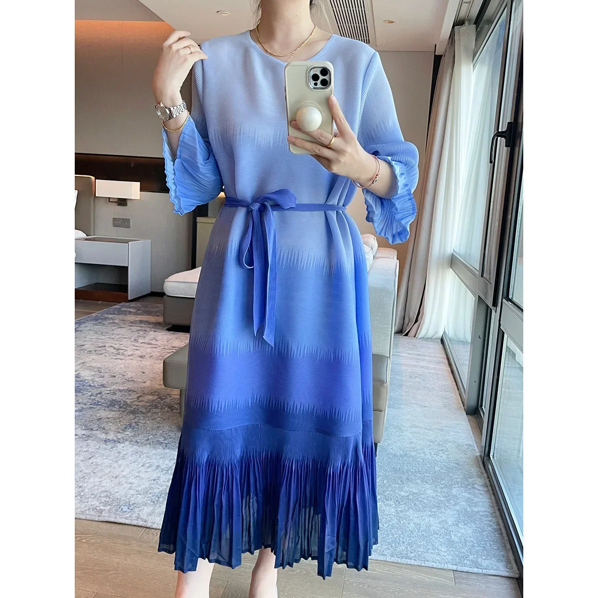 

Pleats Pleated Dress Loose Design Flared Short-sleeved Dress Temperament Elegant Covering Meat Thin Waist Long Dresses Clothing