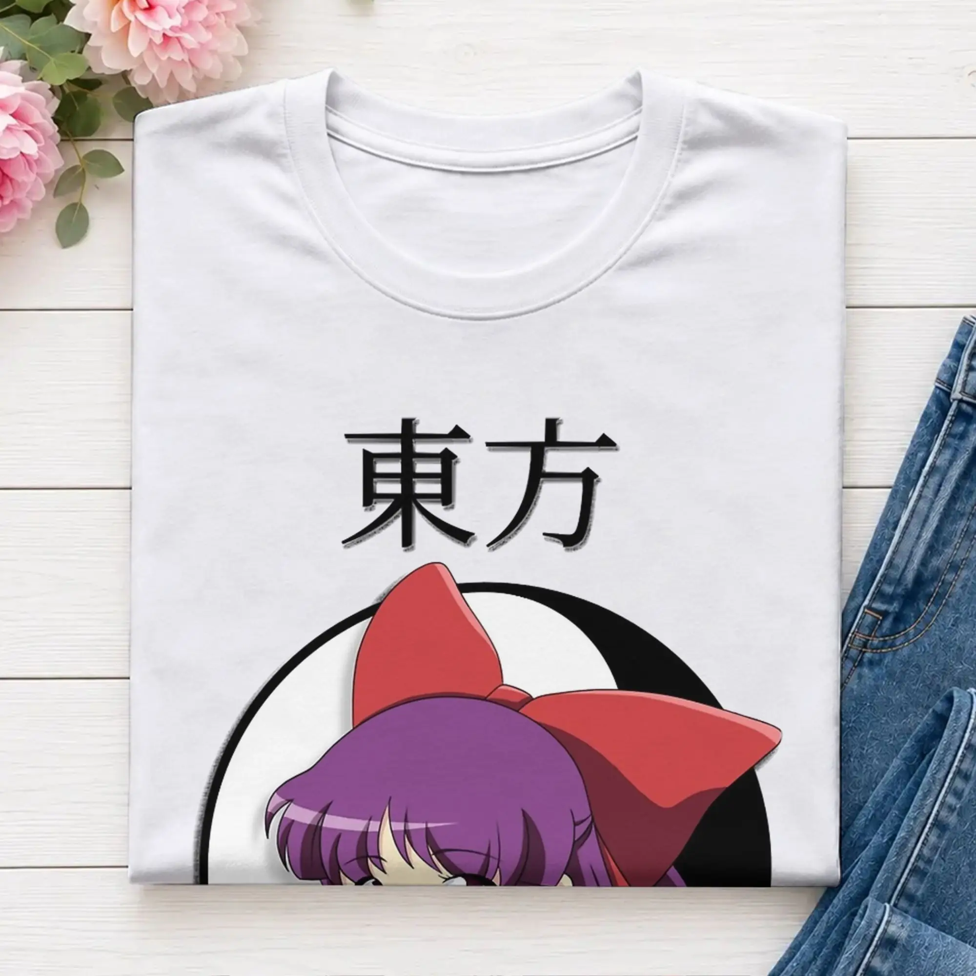 Men's Hakurei Sticker  T Shirts Touhou Project Pure Cotton Clothes Vintage Short Sleeve Round Neck Tee Shirt Plus Size T-Shirt