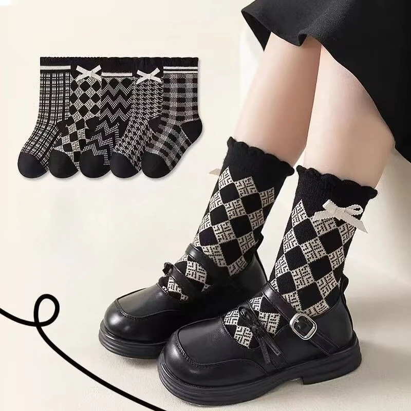 

Spring and Autumn New Vintage Girls Socks Children Mid Tube Thousand Bird Grid Socks Korean Bow Black Girls Cotton Socks
