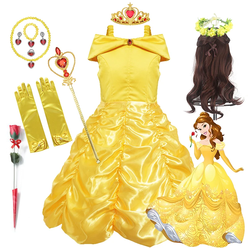 Vestido de Princesa Bela e Fera, disfarce de Halloween, cosplay de verão, vestido longo sem mangas, traje de belle 2-10t