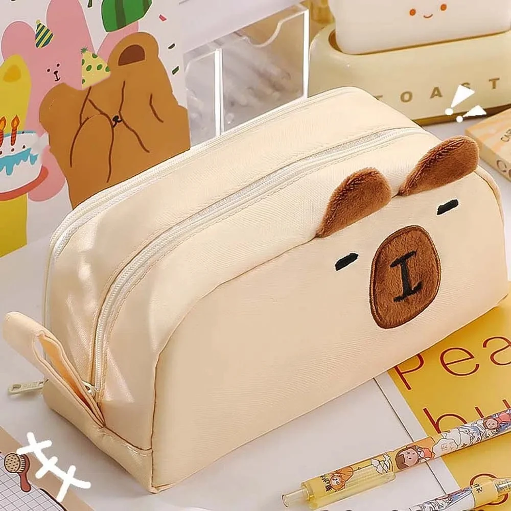 Large Capacity Capybara Pen Case Black Cat Panda Capybara Panda Pen Holder Animal Desktop Organizer Zipper Pencil Pouch Office