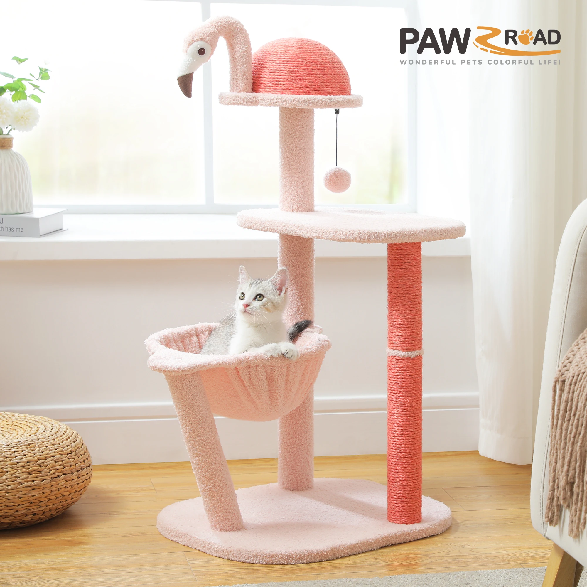 

Cat Tree Flamingo Cute Pink Cat Tower with Sisal Scratching Posts for Small Cats, Kittens Cat Scratcher with Cat Perch Hammock