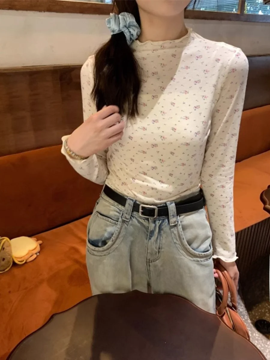 الأزهار طباعة طويلة Sve تي شيرت المرأة سليم صالح ملابس داخلية قاعدة irt العلوي أعلى طوق عالية تصميم الخريف الشتاء Faion