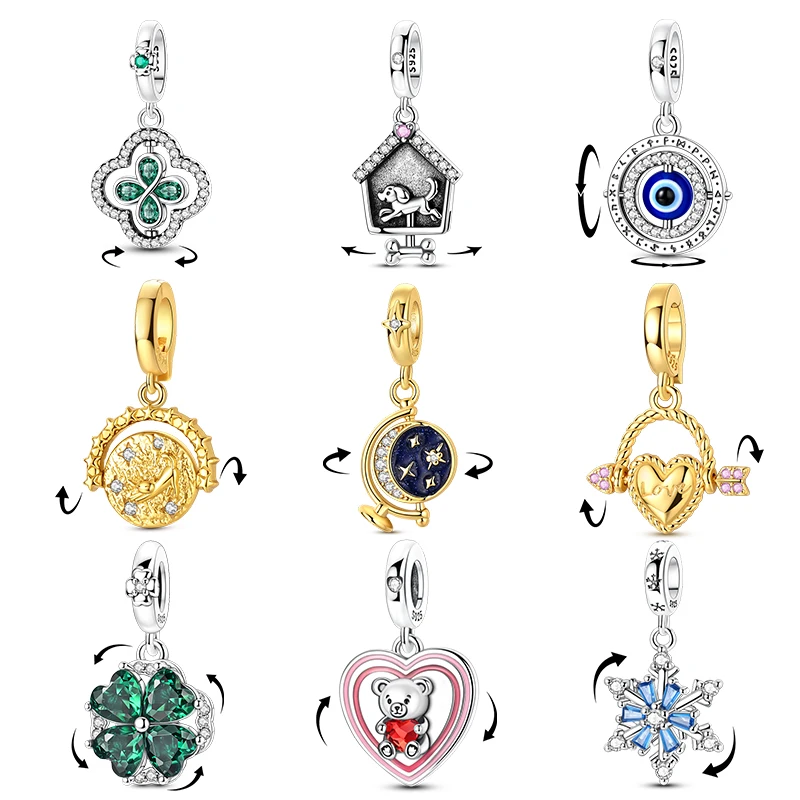 Rotatable 925 Sterling Silver Charm Beads Four Leaf Clover Snowflake Heart Bear Pendant Fit DIY Bracelet Women Jewelry Gift