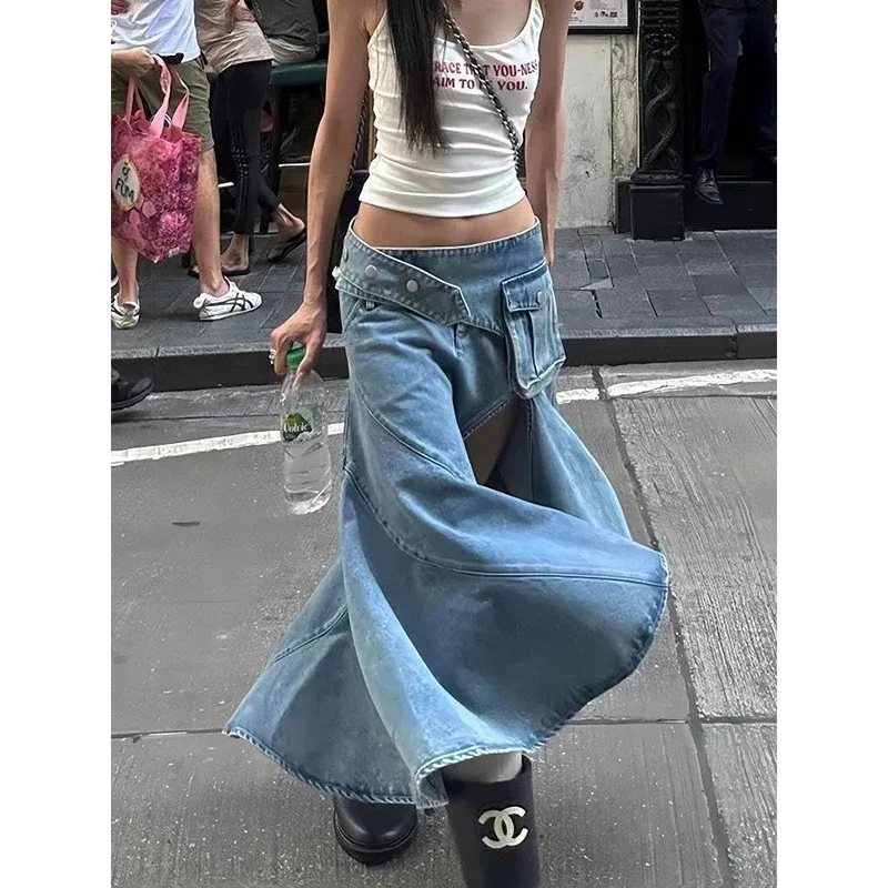 Women Vintage Blue Gothic Low Waist A-line Skirt Summer Y2k Asymmetrical Denim Skirt Harajuku Mid Long Skirts Emo 2000s Clothes