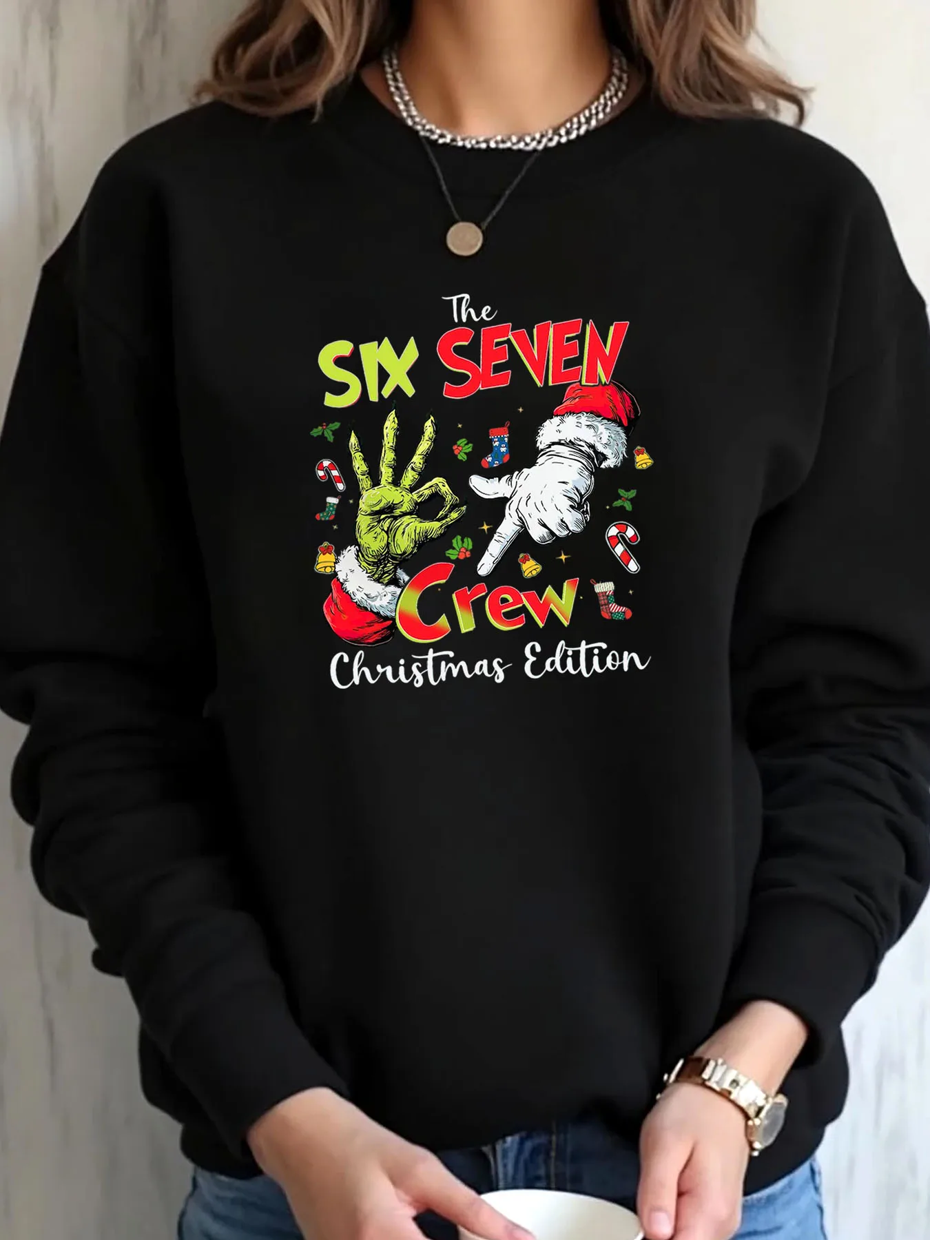 Women Plus Size Sweatshirt Christmas The Six Seven Crew Christmas Edition Print Outdoor Wear