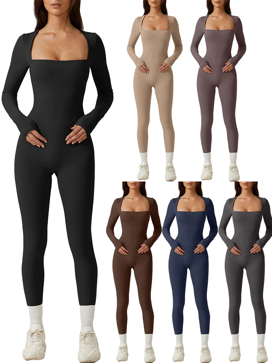 Dames Lange Mouw Met Vierkante Hals Workout Playsuit Lente Herfst Slanke Yoga Lang Getailleerde Jumpsuit Effen Kleur Overalls Dames