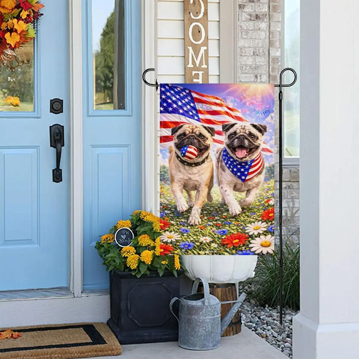 InkRain Patriotic Two Pug-Dog Garden Flag 12x18 Inch, American Flag Floral Scene, 4th of July Outdoor Yard Decoration kkz