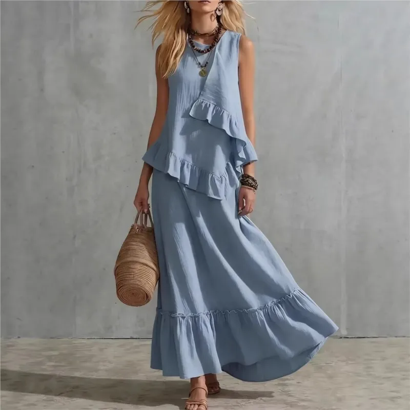 Women's Two-piece Sleeveless Irregular Ruffle Top Long Skirt 2026 Summer Cotton And Linen Fashion Casual Loose Solid Color Suit