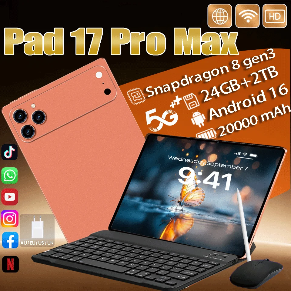 

2026 NEW Pad 17 Pro Max Tablet PC 11inch 24GB+2TB Tablets Android 16 Snapdragon8gen3 Tablette PC 20000mAh 5G Dual SIM Mini PC